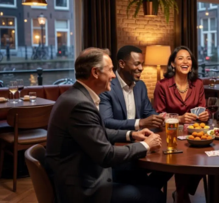 Sfeervolle pokeravond met gasten aan pokertafels in een modern restaurant